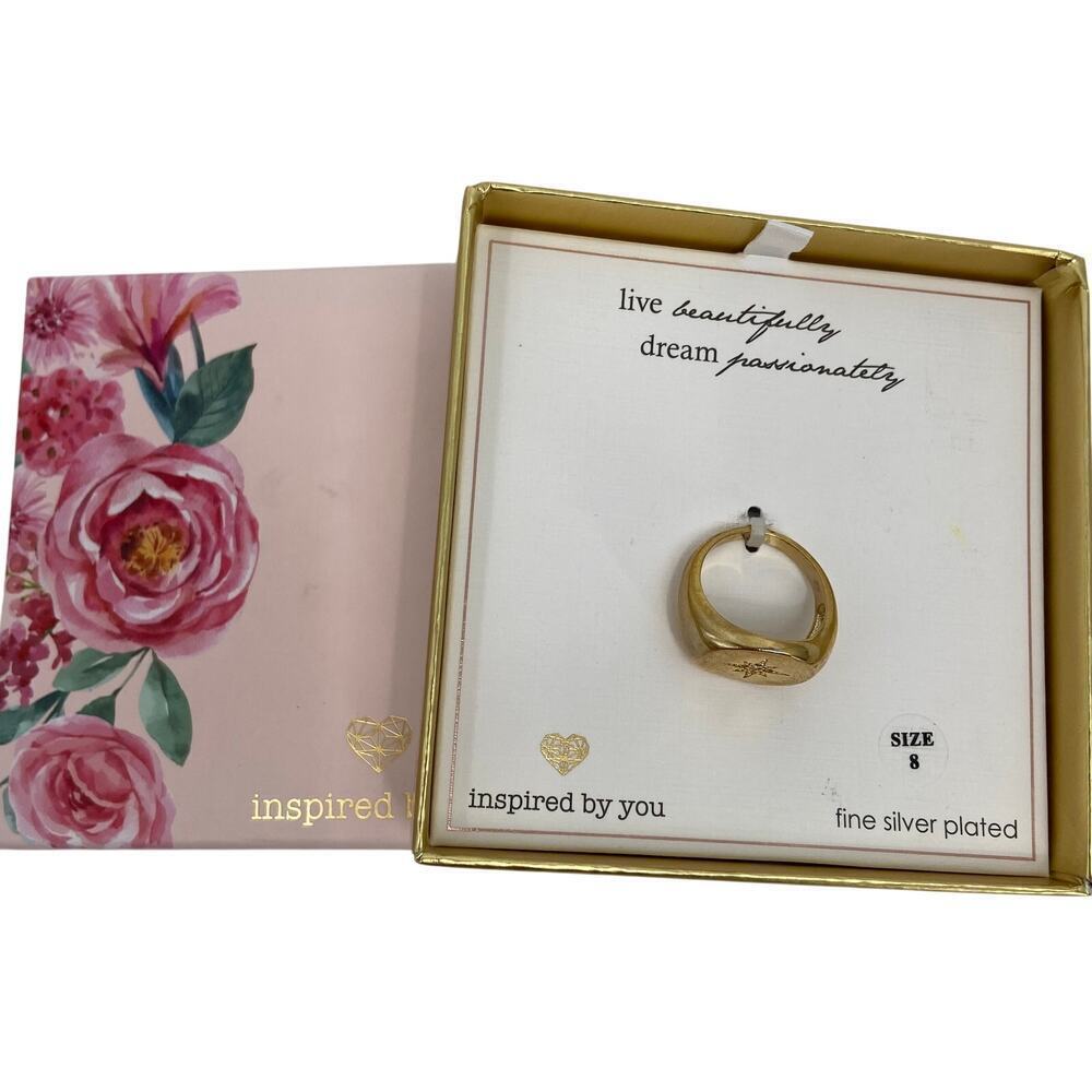 Silver Plated Ring Size 8 CZ Star Signet Gold‎ Tone Inspired By You